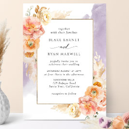 Peach Blush Bloral, Lila Wasserfarben Chic Hochzei Einladung