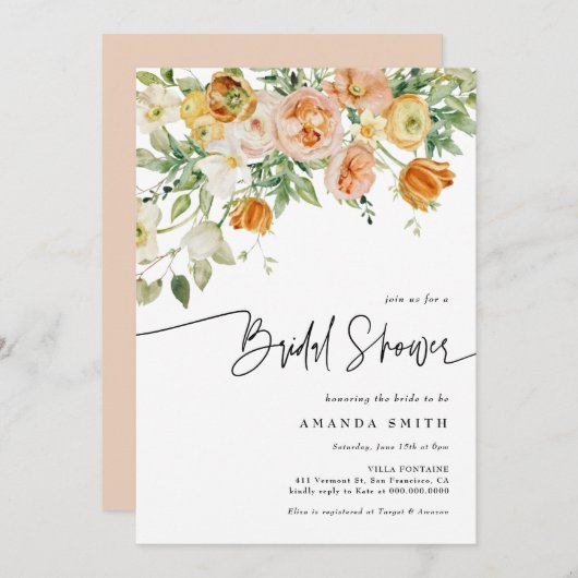 Peach Blush Blumengrün Sommer Brautparty Einladung (Vorne/Hinten)