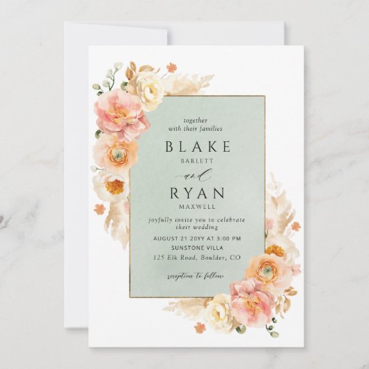 Peach, Blush Cream and Sage Floral Chic Wedding Einladung (Vorderseite)
