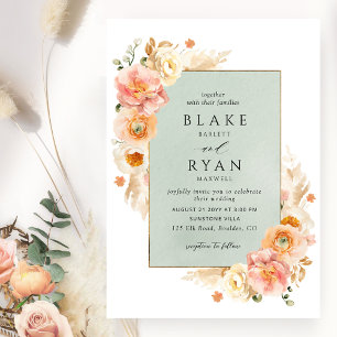 Peach, Blush Cream and Sage Floral Chic Wedding Einladung