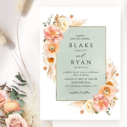 Peach, Blush Cream and Sage Floral Chic Wedding Einladung