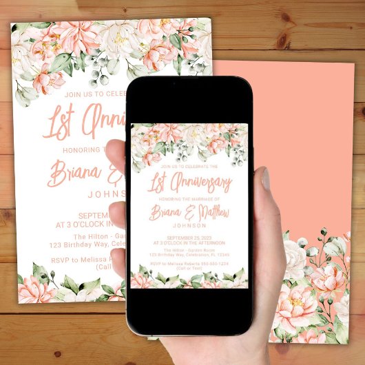 Peach Blush Elfenbeinblume 1. Hochzeitstag Einladung