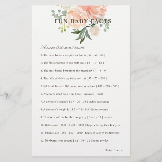 Peach Blush Floral Fun Baby Fakten Babydusche Flyer (Vorne)