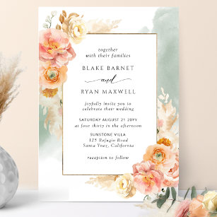 Peach Blush Floral, Sage Watercolor Chic Wedding Einladung