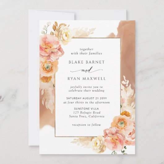 Peach Blush Floral, Terraccotta Wasserfarbene Hoch Einladung (Vorderseite)