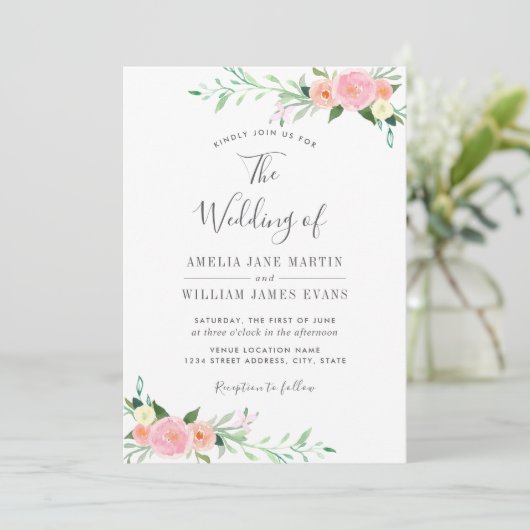 Peach Blush Floral Wasserfarbe Einladung Hochzeit (Stehend Vorderseite)