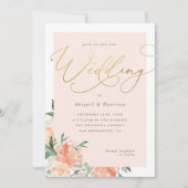 Peach Blush & Gold Script Blumenhochzeit Einladung (Vorderseite)