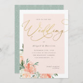 Peach Blush & Gold Script Blumenhochzeit Einladung (Vorne/Hinten)