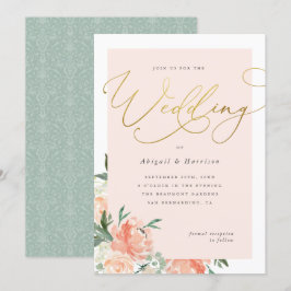 Peach Blush & Gold Script Blumenhochzeit Einladung
