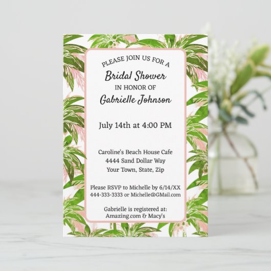 Peach Blush Green Palm Tree Summer Shower Party Einladung (Stehend Vorderseite)