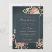 Peach Blush Moody Floral Dark Navy Blue Hochzeit Einladung (Vorderseite)