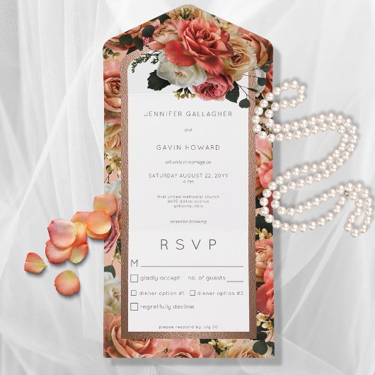 Peach Blush & Pink Rustikale Rose Abendessen All In One Einladung