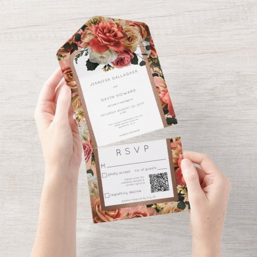 Peach Blush & Pink Rustikale Rose QR Code All In One Einladung (Abreißen)
