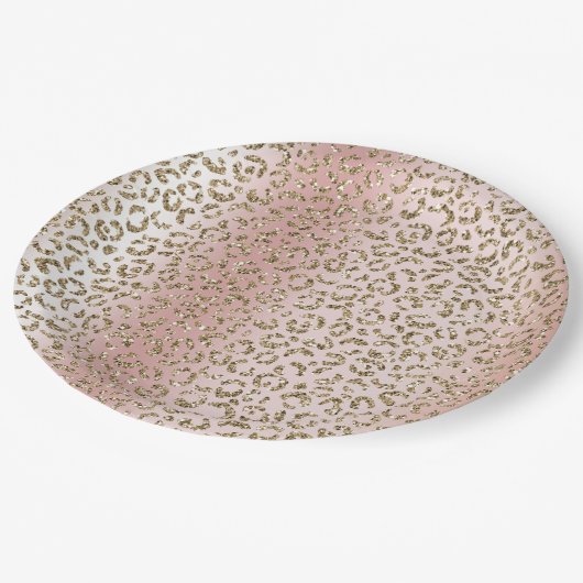 Peach Blush Rose Gold Glitzer Leopard Print Pappteller (Schrägansicht)