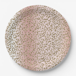 Peach Blush Rose Gold Glitzer Leopard Print Pappteller
