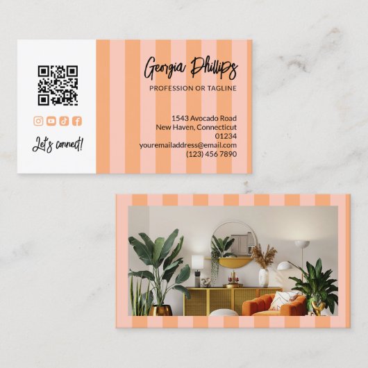 Peach Blush Stripes QR Code Photo Social Media Visitenkarte (Vorne/Hinten)