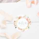 Peach Blush with Blue Wedding Envelope / Gefallen Runder Aufkleber<br><div class="desc">Eleganter mit Monogramm Hochzeitsaufkleber oder Gaumen-Aufkleber mit herrlichen Aquarelltönen in einer schönen Mischung aus Pfirsich, Orange, Rosa, Rosa, Creme und Champagner. Mitte in Weiß mit Initialen und zweite Textzeile in blau. Zwei Größen und mehrere Formoptionen zur Auswahl. Die untere Textzeile kann für das Veranstaltungsdatum, das Löschen oder für den Fall...</div>