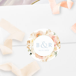 Peach Blush with Blue Wedding Envelope / Gefallen Runder Aufkleber