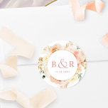 Peach Blush with Coral Wedding Envelope / Gefallen Runder Aufkleber<br><div class="desc">Eleganter mit Monogramm Hochzeitsaufkleber oder Gaumenaufkleber mit herrlichen Aquarelltönen, in einer schönen Mischung aus Pfirsich, Orange, Rosa, Rosa, Korallen, Creme und Champagner. Mitte in Weiß mit Initialen und zweite Textzeile in Korallen. Zwei Größen und mehrere Formoptionen zur Auswahl. Die untere Textzeile kann für das Veranstaltungsdatum, das Löschen oder für den...</div>