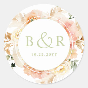 Peach, Blush with Green Wedding Envelope / Gefalle Runder Aufkleber