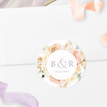 Peach Blush with Lavender Wedding Envelope / Bevor Runder Aufkleber<br><div class="desc">Eleganter mit Monogramm Hochzeitsaufkleber oder Gaumen-Aufkleber mit herrlichen Aquarelltönen in einer schönen Mischung aus Pfirsich, Orange, Rosa, Rosa, Creme und Champagner. Weiß zentriert mit Initialen und zweiter Textzeile in Lavendel lila. Zwei Größen und mehrere Formoptionen zur Auswahl. Die untere Textzeile kann für das Veranstaltungsdatum, das Löschen oder für den Fall...</div>