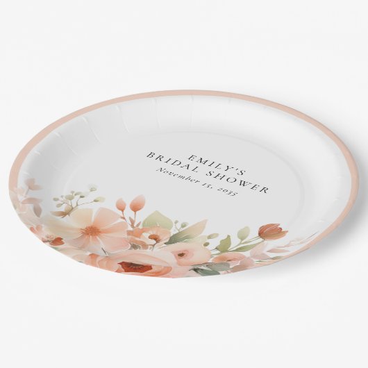 Peach Boho Floral Brautparty Pappteller (Schrägansicht)
