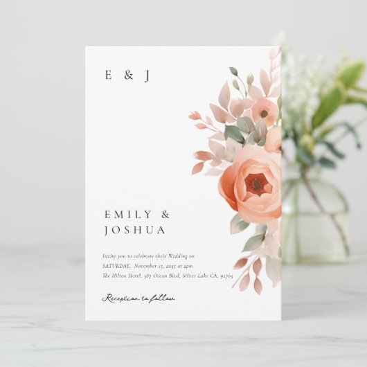 Peach Boho Floral Wedding Einladung (Stehend Vorderseite)