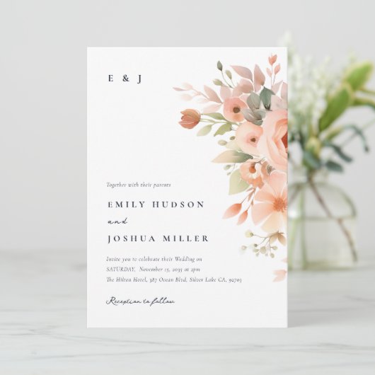 Peach Boho Floral Wedding Einladung (Stehend Vorderseite)