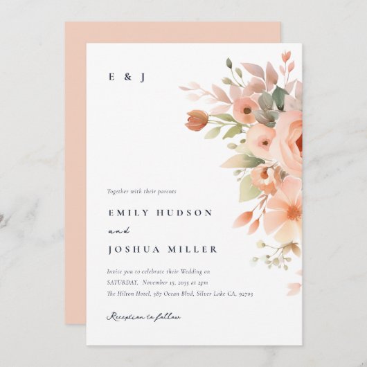 Peach Boho Floral Wedding Einladung (Vorne/Hinten)