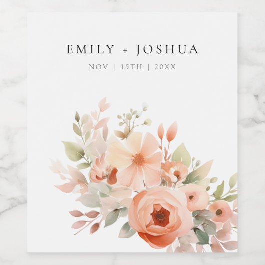 Peach Boho Floral Wedding Weinetikett (Einzelnes Label)