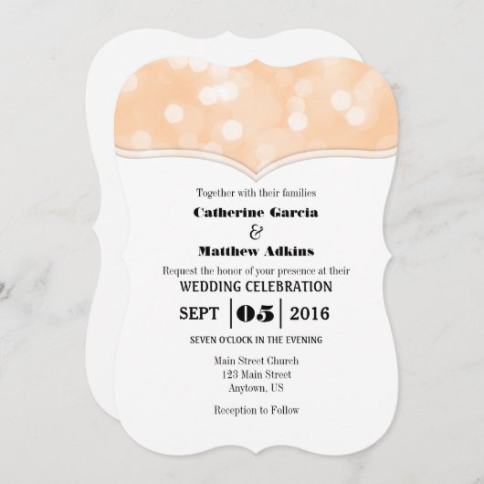 Peach Bokeh Glitzer Lights Wedings Invites Einladung (Vorne/Hinten)