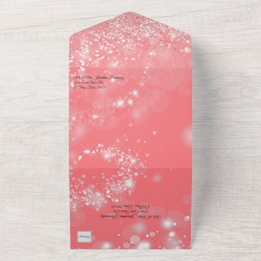 Peach Bokeh und Glitzer Quinceañera All In One Einladung (Außenbereich)