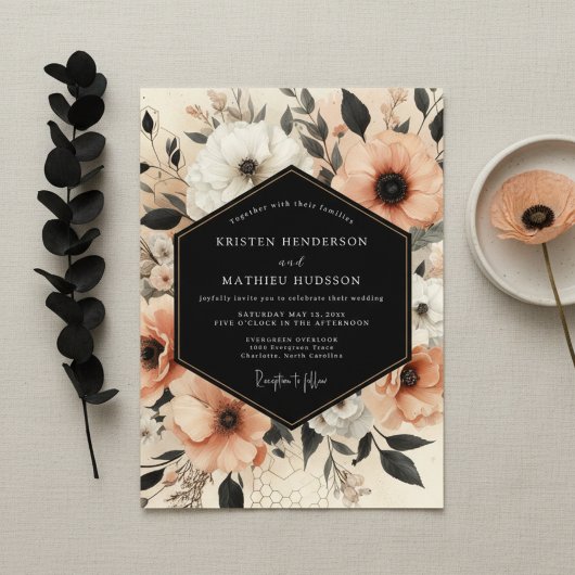 Peach Botanical Elegance Wedding Einladung