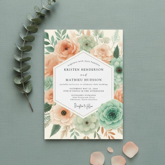 Peach Botanical Flourish Wedding Einladung