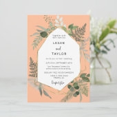 Peach Botanical Greenerenery Gold Frame QR Code Fo Einladung (Stehend Vorderseite)