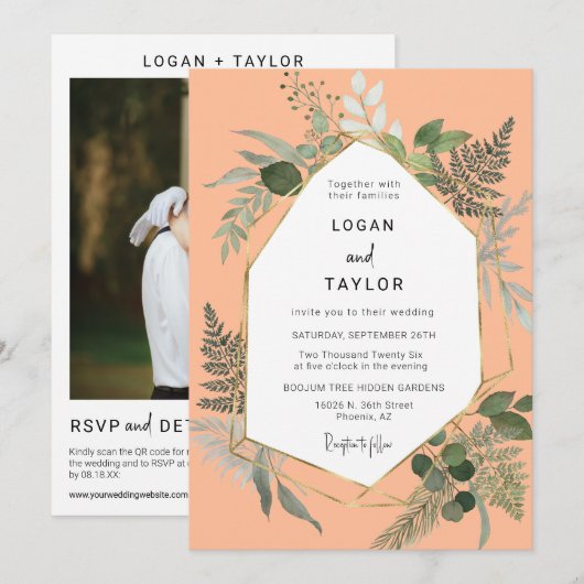 Peach Botanical Greenerenery Gold Frame QR Code Fo Einladung (Vorne/Hinten)