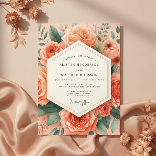 Peach Botanical Romance Wedding Einladung