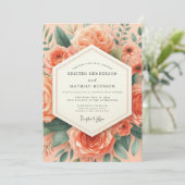 Peach Botanical Romance Wedding Einladung (Stehend Vorderseite)