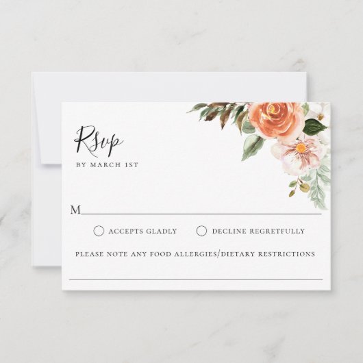 Peach Botanical Wedding Food Allergy RSVP Card Karte (Vorderseite)