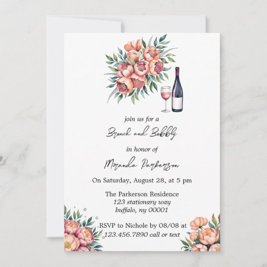 Peach Bouquet mit Diamonds Brunch und Bubbly Einladung (Vorderseite)