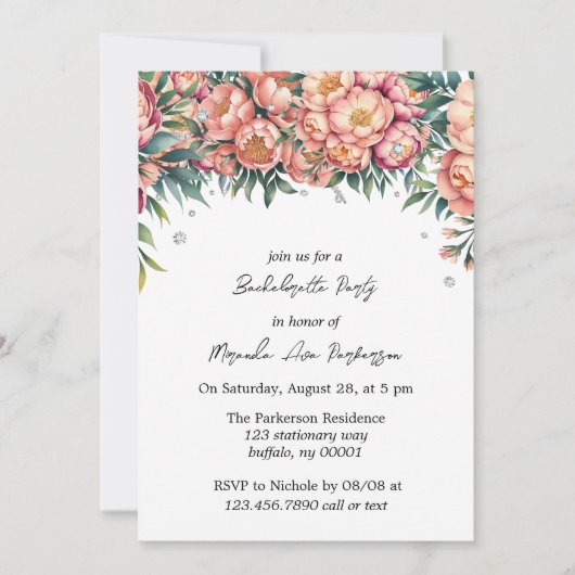 Peach Bouquet mit Diamonds Junggeselinnen-Abschied Einladung (Vorderseite)