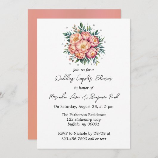 Peach Bouquet mit Diamonds Wedding Couples Dusche Einladung (Vorne/Hinten)