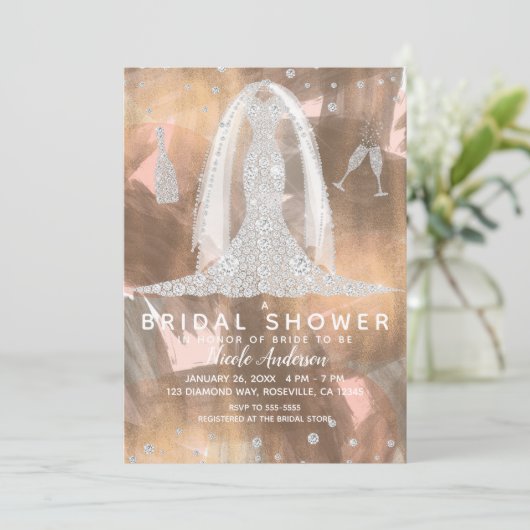 Peach Bronze Diamond Wedding Dress Brautparty Einladung (Stehend Vorderseite)