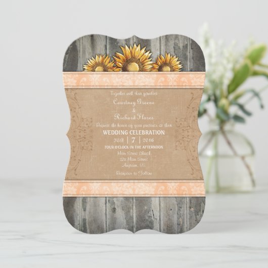Peach Brown Rustic Sunflower Wedite Einladung (Stehend Vorderseite)