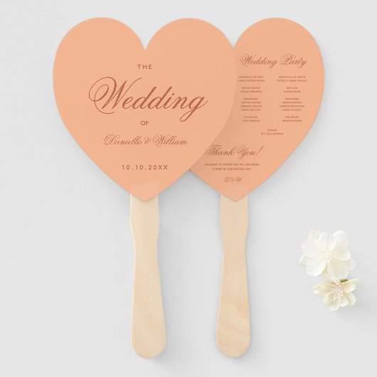 Peach Brown Wedding Program Simple Heart Script Fächer (Vorne und Hinten)