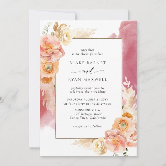 Peach Burgundy Blush Bloral, Wasserfarbenhochzeit Einladung (Vorderseite)