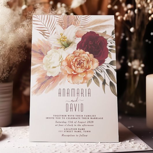 Peach Burgundy Floral Wedding Einladung