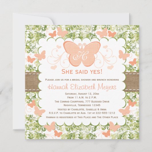 Peach Burlap Butterfly Bridal Shower Invitations Einladung (Vorderseite)