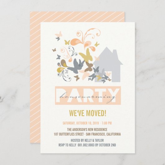 Peach Butterfells Burst House Erwärmung Party lade Einladung (Vorne/Hinten)