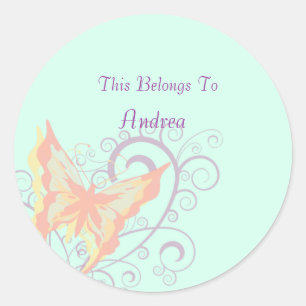 Peach Butterfly und Lila Wirbel Name Template Runder Aufkleber